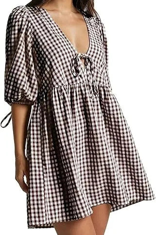 Short Sleeve V Neck Plaid Mini Dress