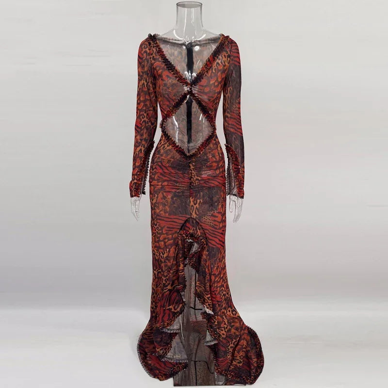 Hollow Out Long Sleeve V Neck Slim Maxi Dress