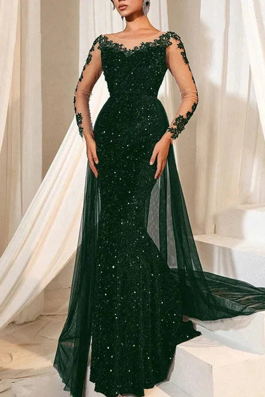 Elegant High Waist Long Sleeve Slim V-Neck Lace Maxi Dress