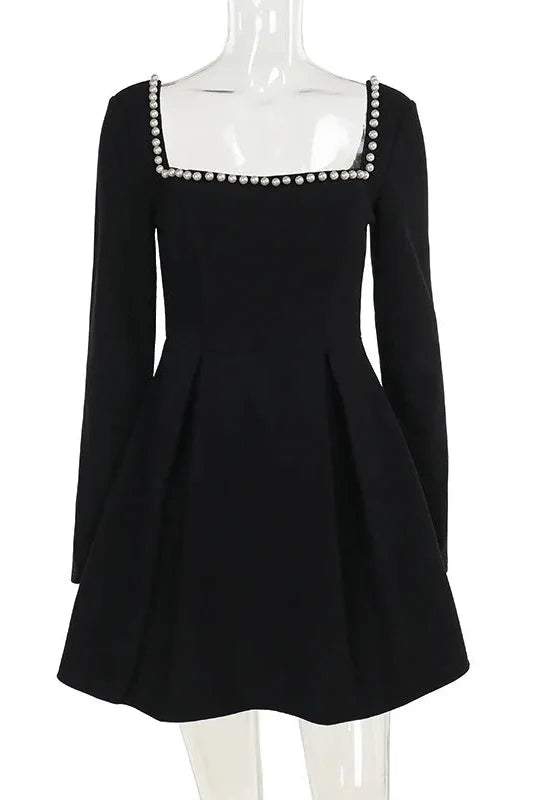 Elegant Square Neck Slim Long Sleeve High Waist Mini Dress