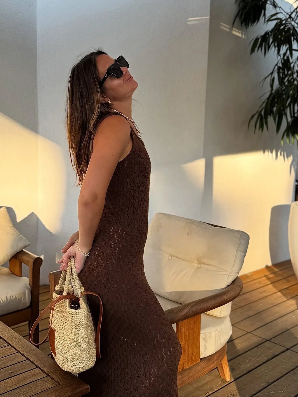 Hollow Knitted Sleeveless Maxi Dress