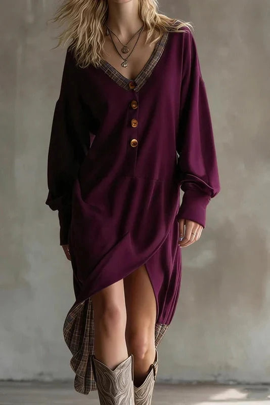 Long Sleeve V-Neck Button Split High Waist Irregular Midi Dress