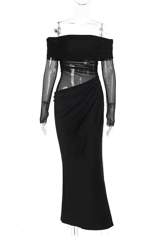Off-shoulder Strapless Long Sleeve See Through Maxi Dress