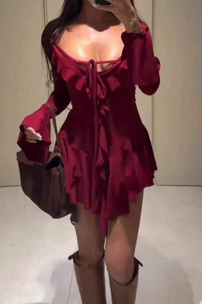 Lace-Up V-Neck Patchwork Long Sleeve Slim Mini Dress