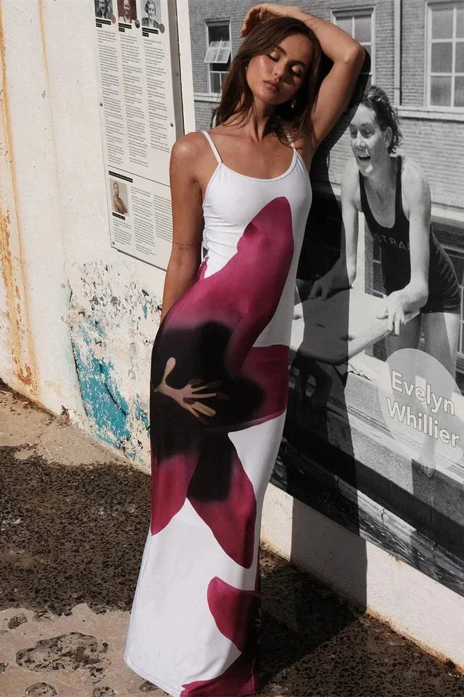 Spaghetti Strap Printed Backless Bodycon Maxi Dress