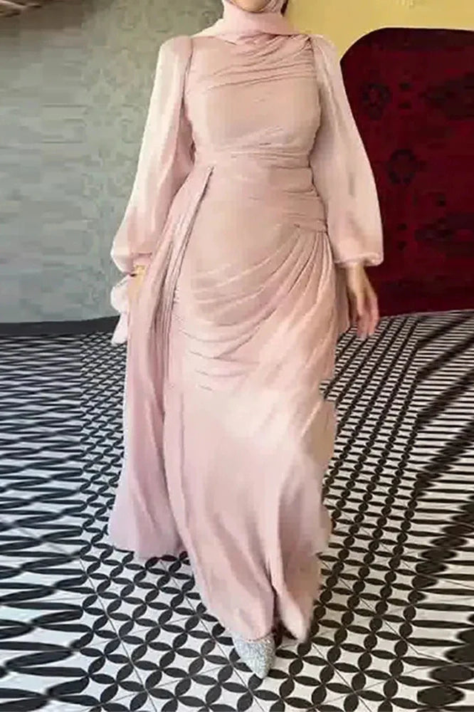 Elegant Long Sleeve High Waist Pleated Slim Maxi Dress