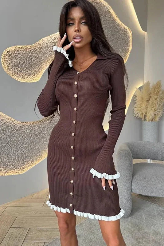 Elegant Knitted Long Sleeve Single-Breasted Bodycon Mini Dress