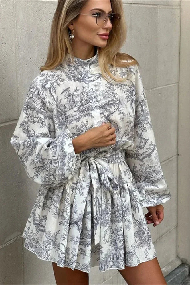 Printed Lace-Up Pleated Long Sleeve Mini Dress