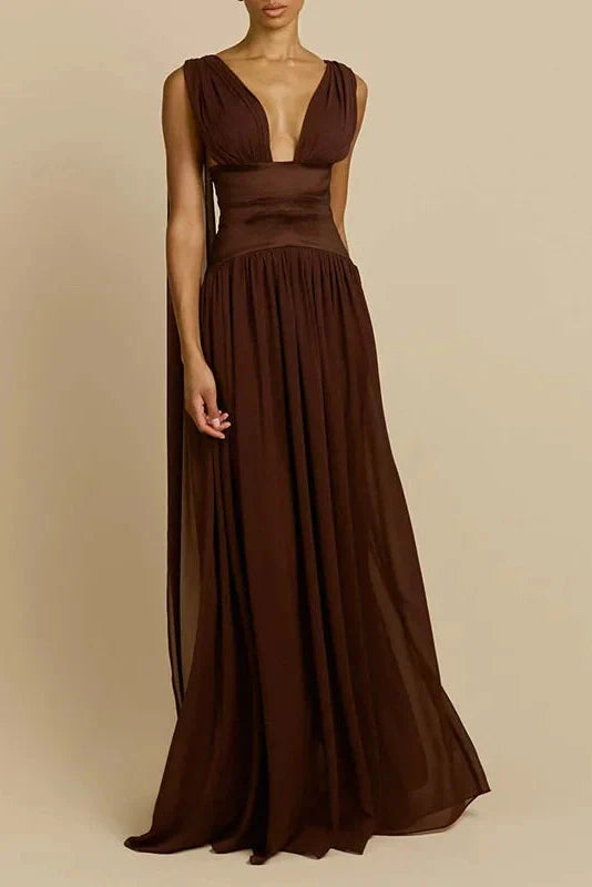Sleeveless V-Neck High Waist Pleated Maxi Dress