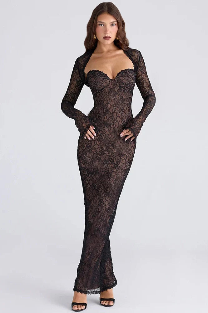 Lace Long Sleeve Square Collar Strapless Split Bodycon Maxi Dress