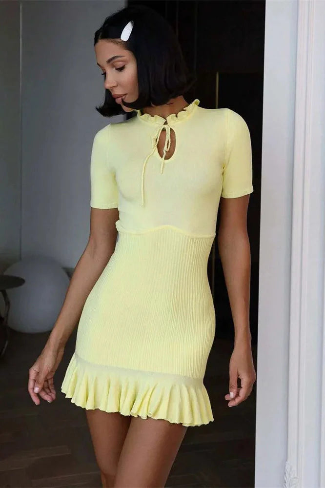 Hollow Out High Waist Patchwork Lace-Up Mini Dress
