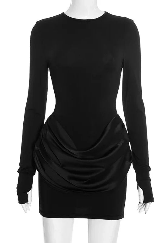 Elegant Pleated Slim Round Neck Long Sleeve Mini Dress