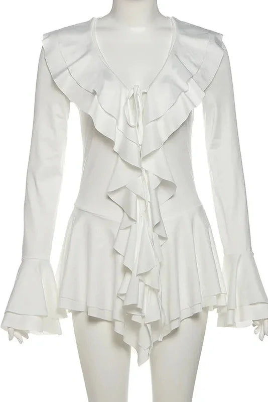 Lace-Up Flare Sleeve V-Neck Slim High Waist Mini Dress