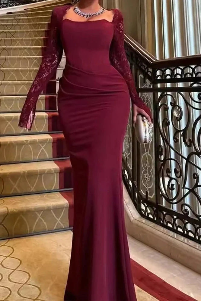 Long Sleeve Pleated Bodycon Square Collar Lace Slim Maxi Dress