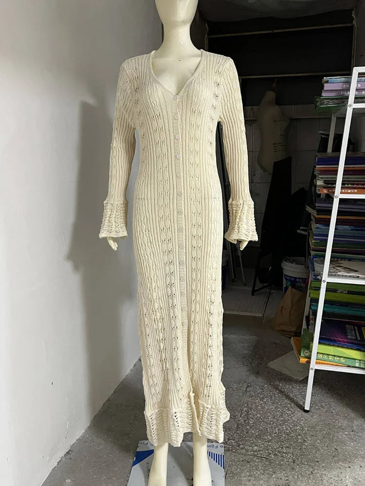 Hollow Knitted Long Sleeve Maxi Dress