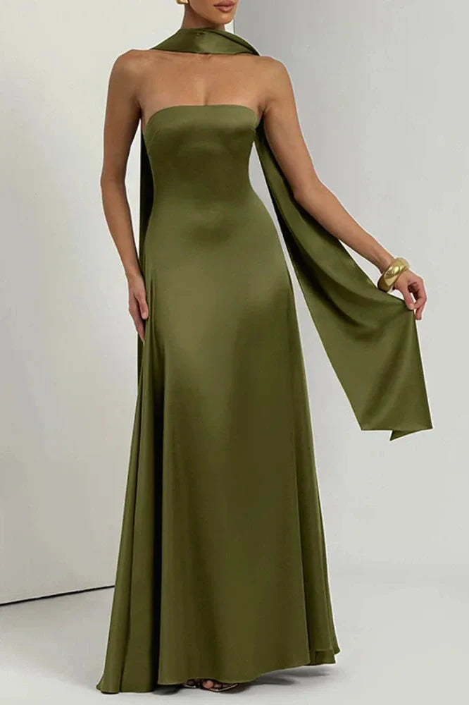 Off-Shoulder Strapless Scarf Collar Sleeveless Backless Bodycon Maxi Dress