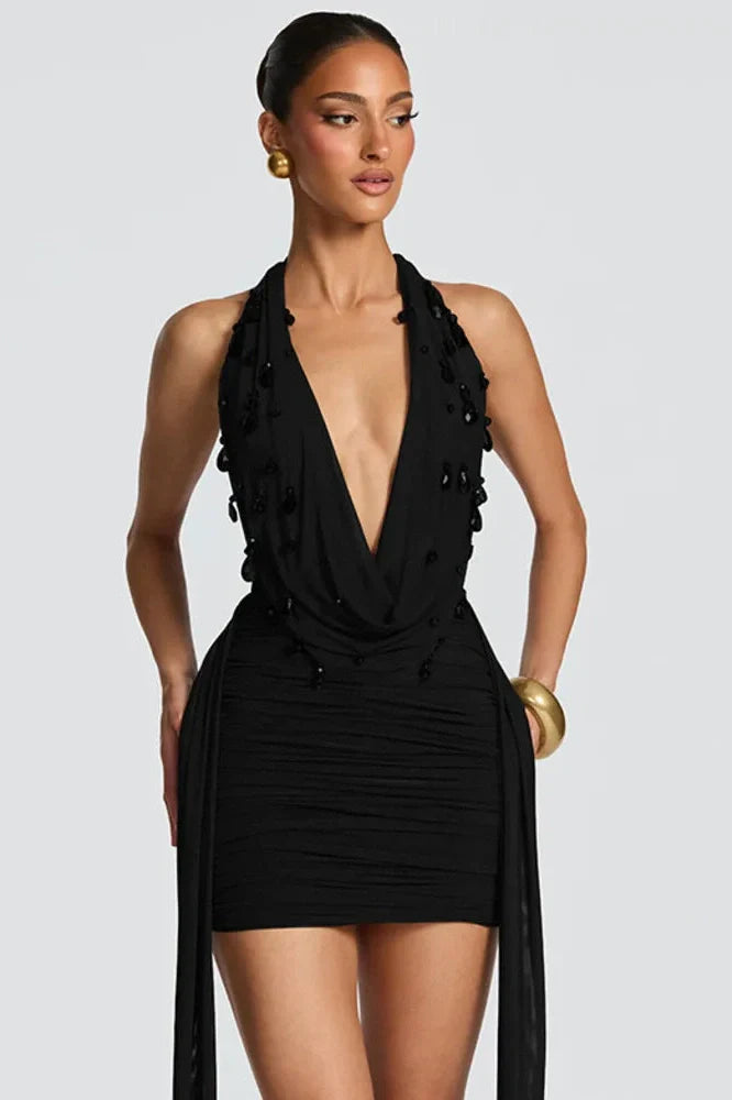 Deep V Neck Backless Off-Shoulder Mini Dress