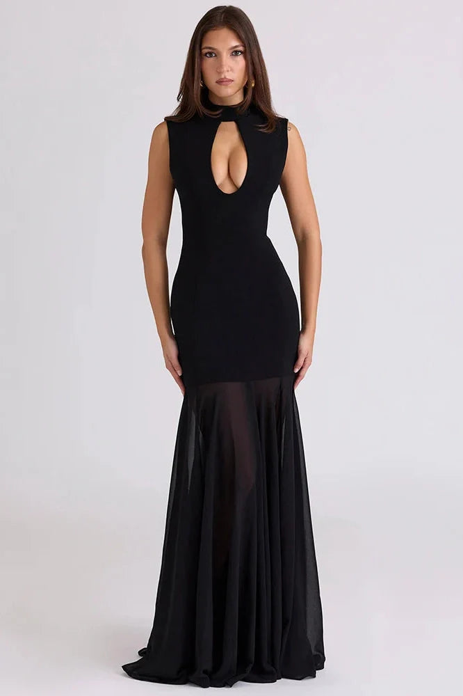 Hollow Out Sleeveless High Collar High Waist Bodycon Maxi Dress