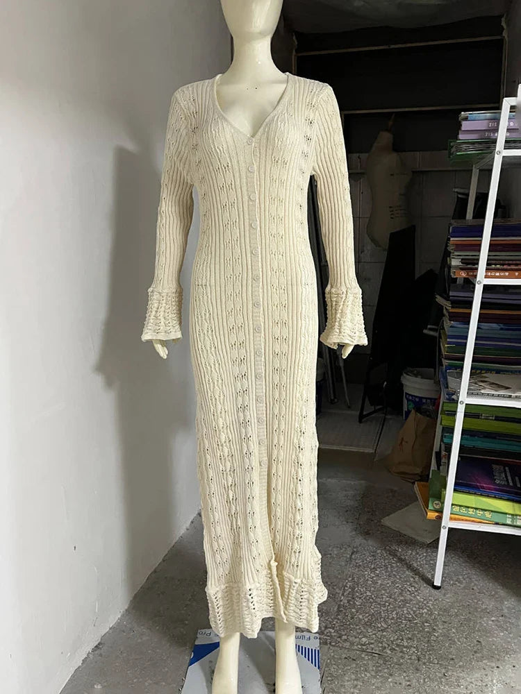 Hollow Knitted Long Sleeve Maxi Dress