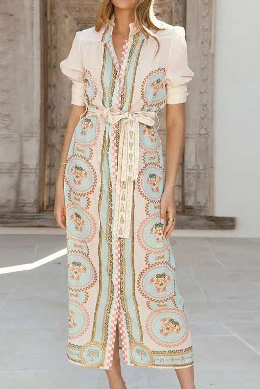 Elegant Lace Up High Waist Printed Short Sleeve Pleated Midi Dress