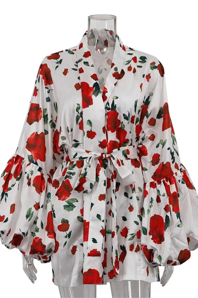 Printed Patchwork Long Sleeve Lace-Up V-Neck Mini Dress