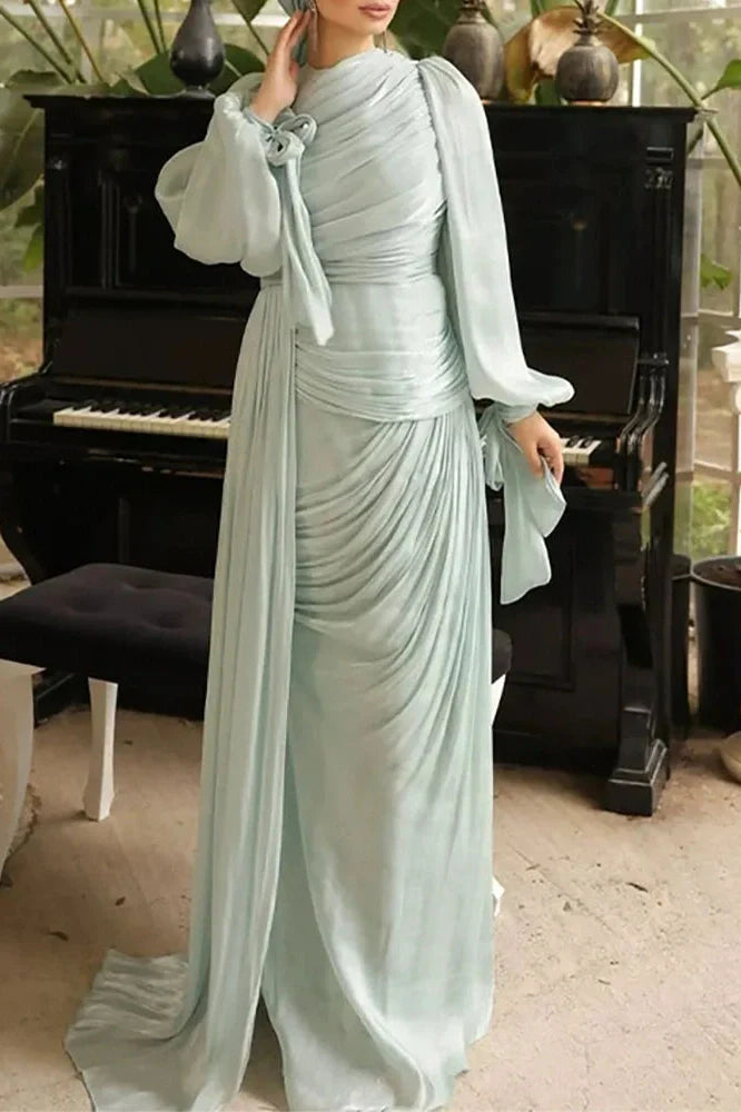 Elegant Long Sleeve High Waist Pleated Slim Maxi Dress