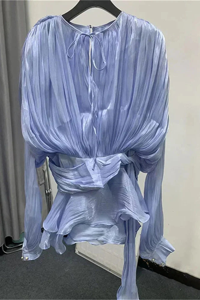 Elegant Pleated Long Sleeve High Waist Mini Dress