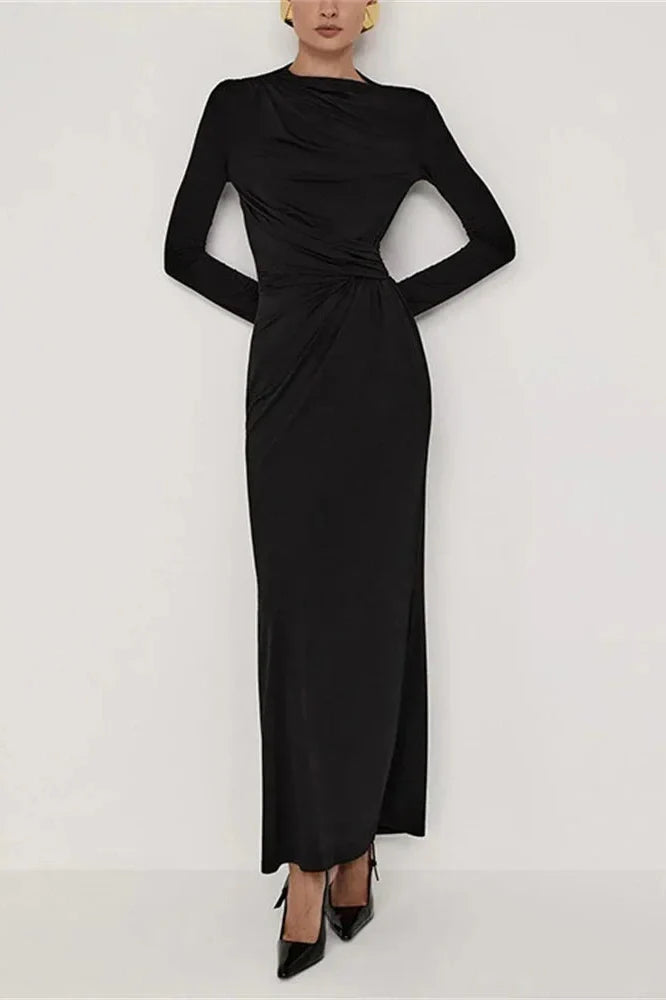 Pleated Slim High Waist Long Sleeve Patchwork Maxi Dress