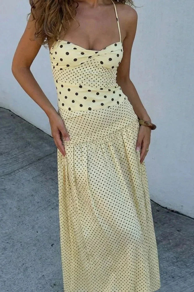 Polka Dot Off-Shoulder Sleeveless Backless Bodycon Maxi Dress
