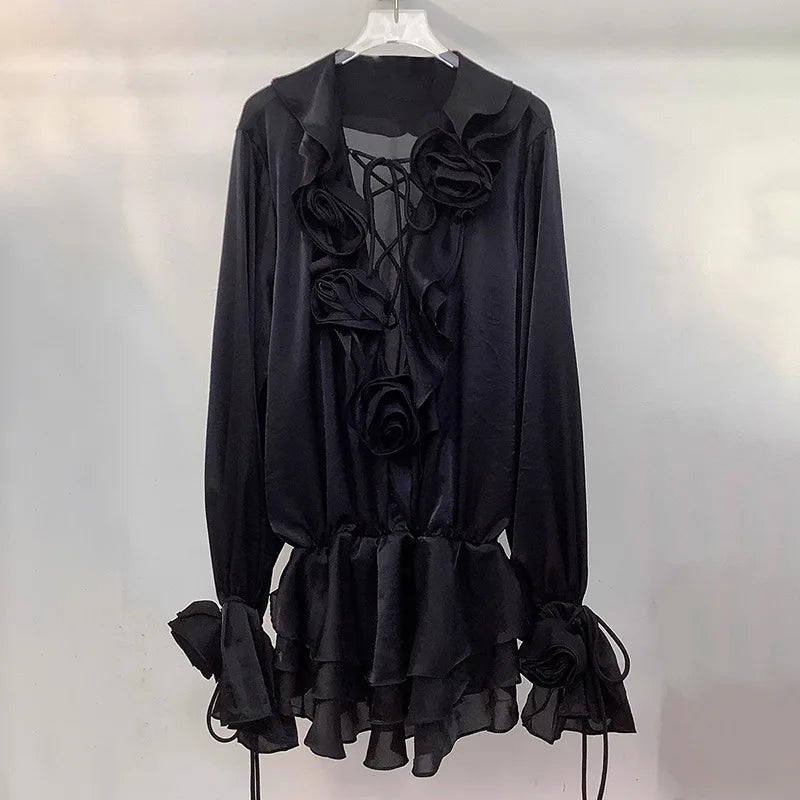 See-Through Lace Up Long Sleeve Mini Dress
