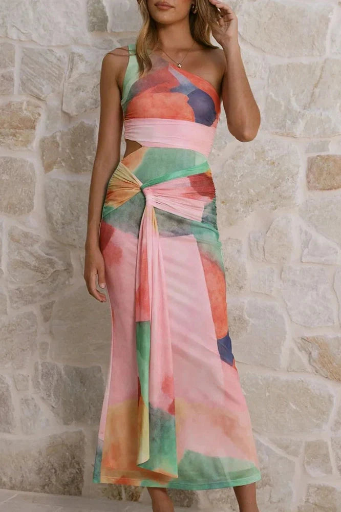 Hollow Out Sleeveless Slim High Waist Printed Maxi Dress