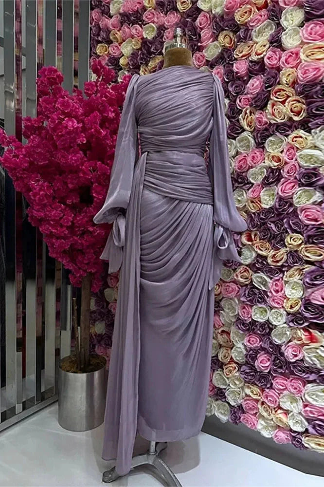 Elegant Long Sleeve High Waist Pleated Slim Maxi Dress