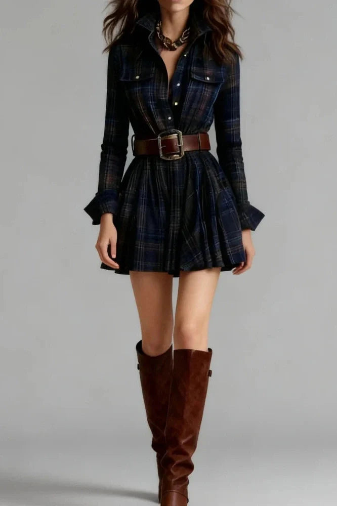 Long Sleeve Pleated High Waist Slim Stripe Printed Mini Dress