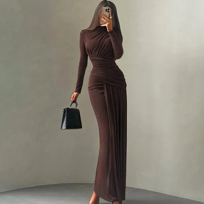 Round Neck High Waist Long Sleeve Maxi Dress