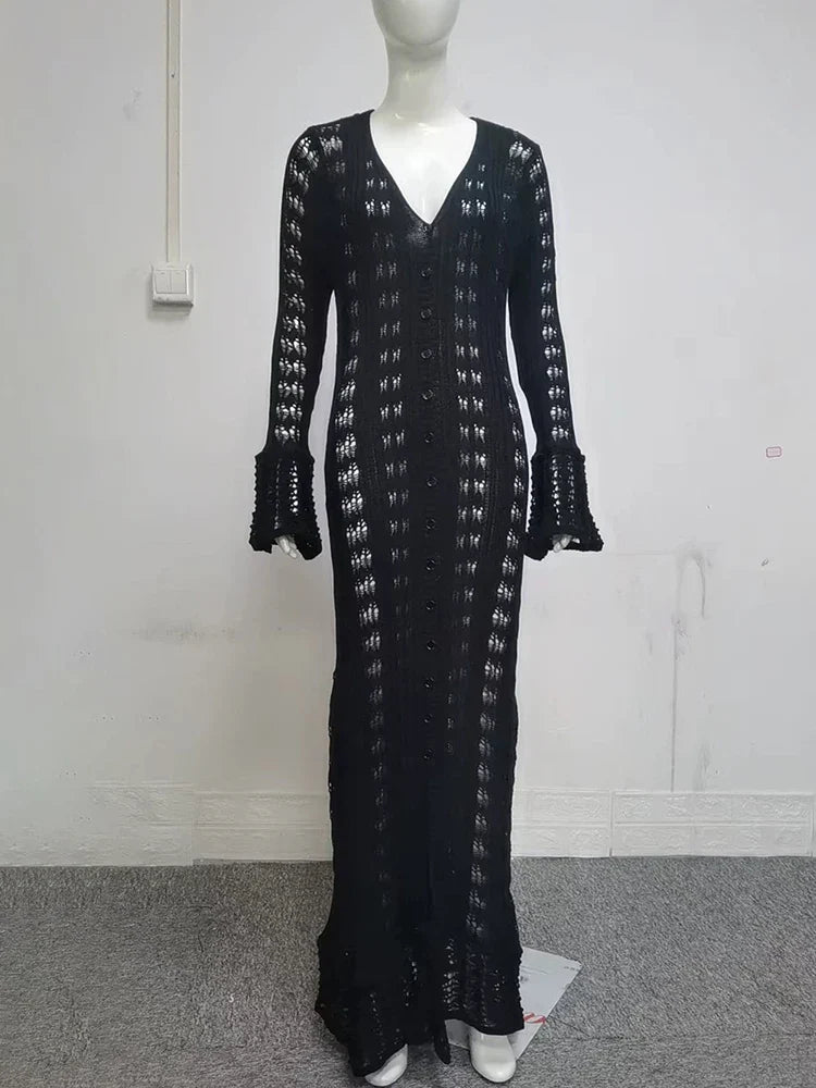 Hollow Knitted Long Sleeve Maxi Dress