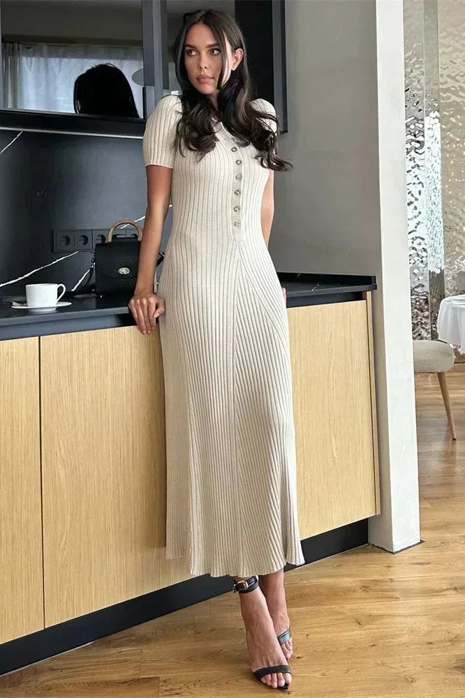 Short Sleeve Patchwork High Waist Midi Dress