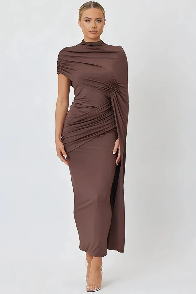 Elegant High Collar Short Sleeve High Waist Maxi Dress