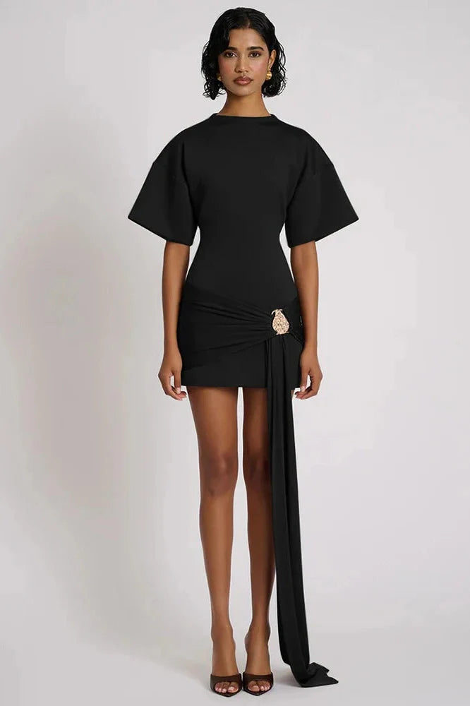 Short Sleeve O Neck High Waist Mini Dress