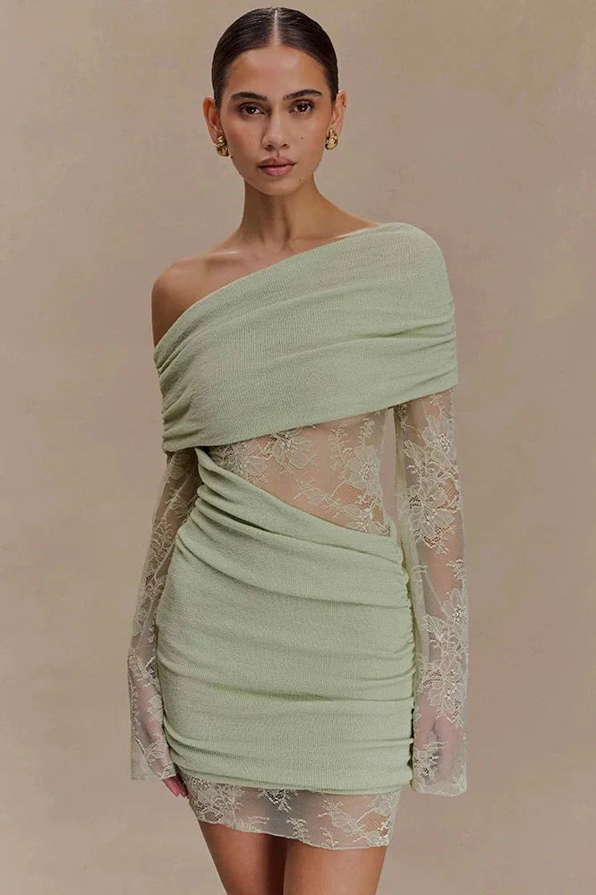 One Shoulder Backless Lace Long Sleeve See Through High Waist Mini Dress