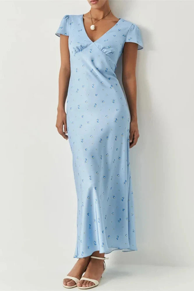 V-Neck Printed High Waist Slim Midi Dress