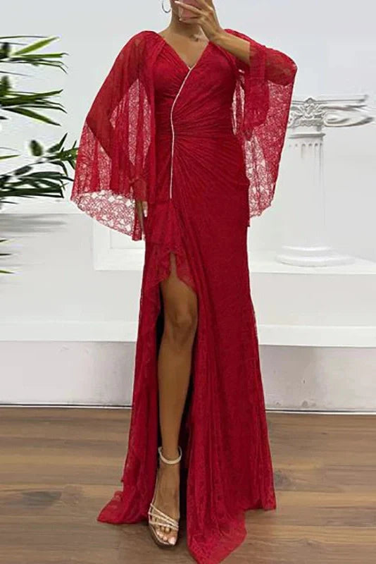 Hollow Lace Embroidery V-Neck Slim Split High Waist Maxi Dress