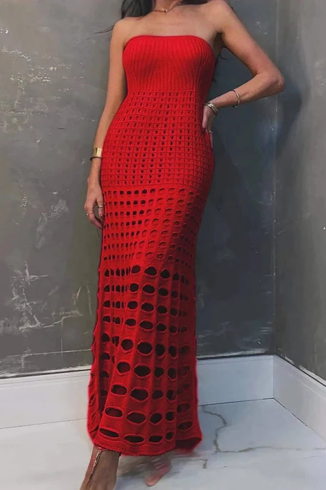Hollow Out Strapless Off-Shoulder Knit Sleeveless Backless Maxi Dress