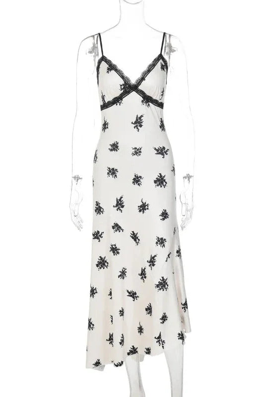 Lace Printed Backless Sleeveless V-Neck Slim Midi Dress