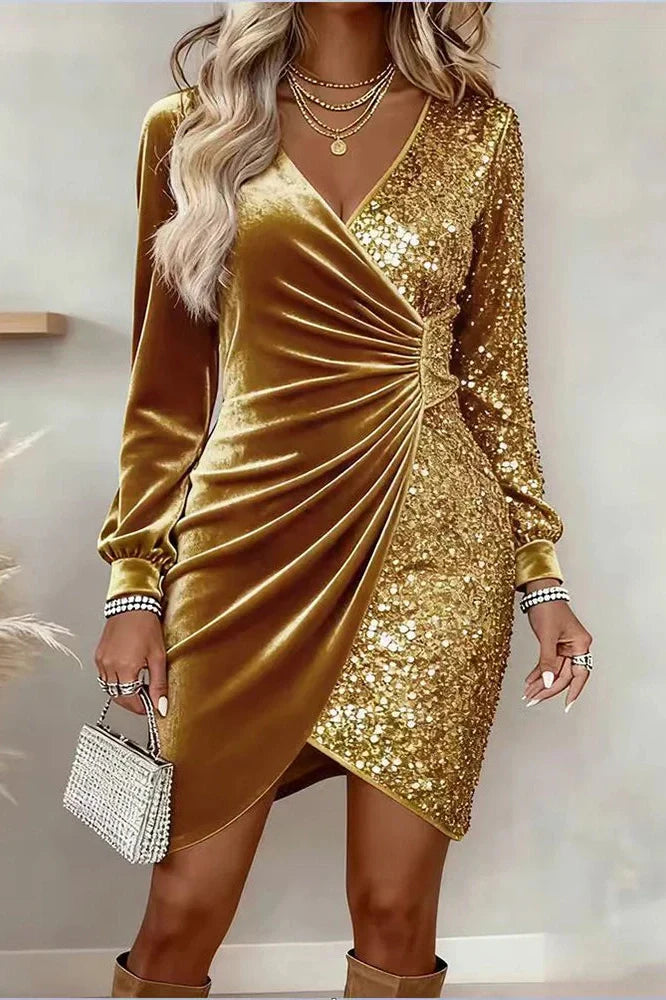 V-Neck Long Sleeve Slim Mini Dress