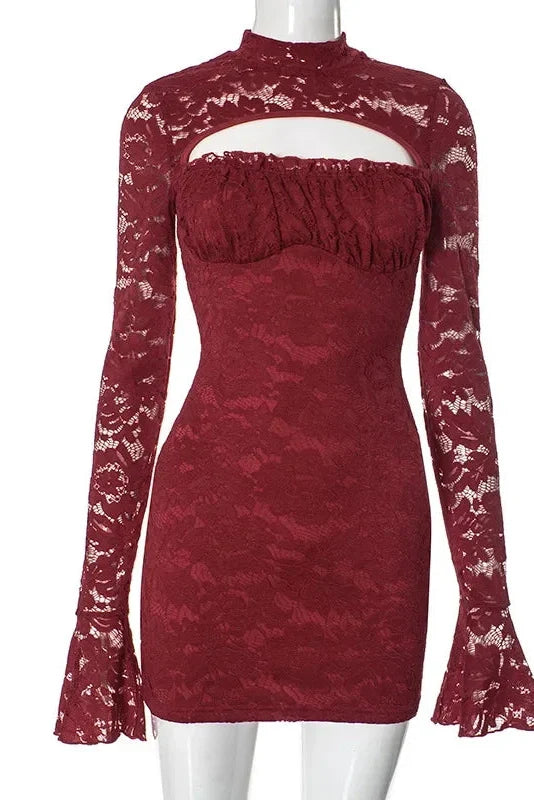 Elegant Lace Hollow Out Slim Flare Sleeve Mini Dress