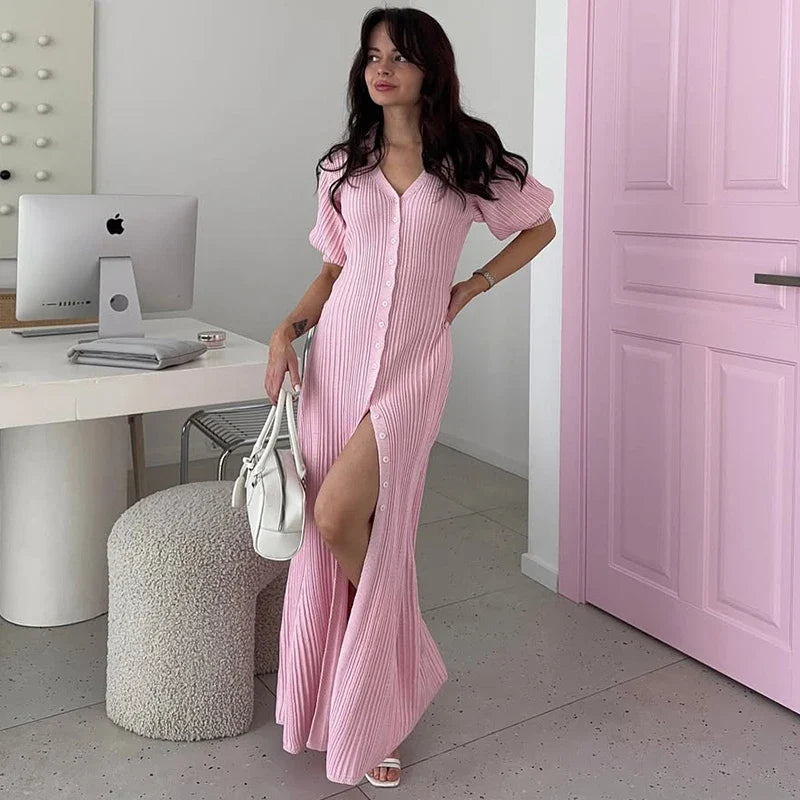 Puff Sleeve Knitted Maxi Dress