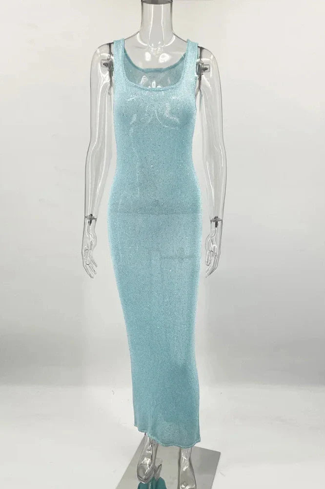 Slim Backless See-Through Patchwork Maxi Dress