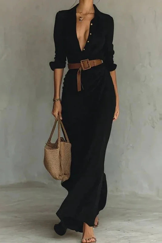 Elegant Long Sleeve High Waist Single Breasted Maxi Dress