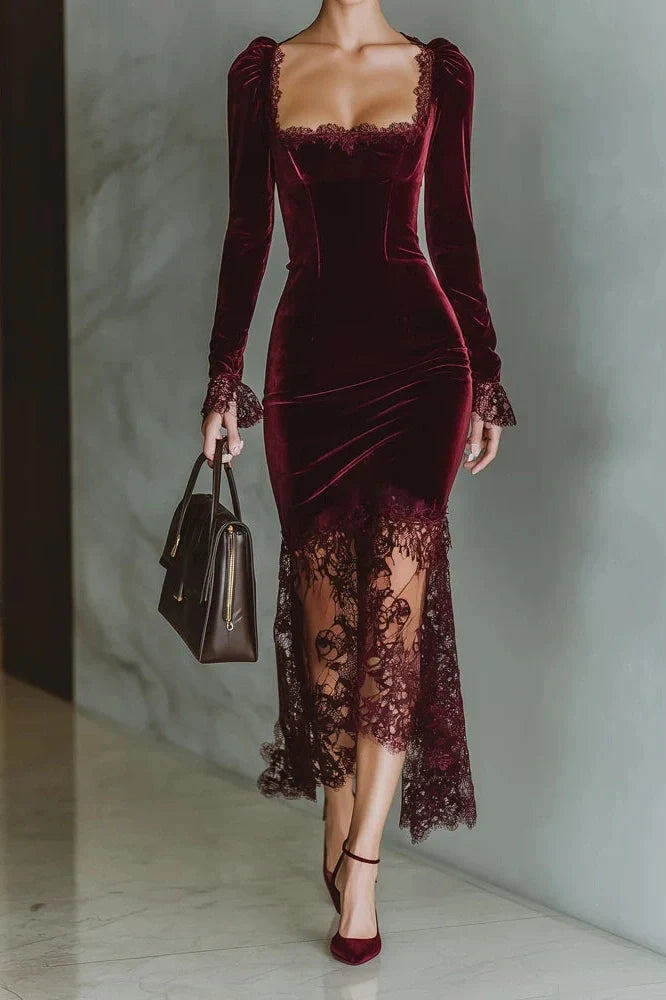 Lace Square Neck Bodycon Slim Long Sleeve Midi Dress
