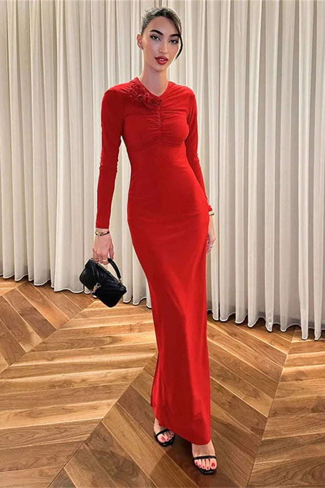 Patchwork Long Sleeve Backless Slim Maxi Dress